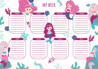 Weekly planner with elements of the underwater world. Vector, cartoon