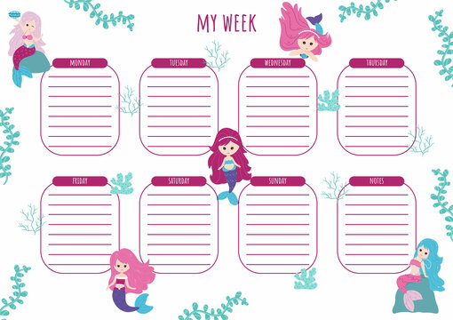 Weekly planner with elements of the underwater world. Vector, cartoon
