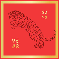 Happy Chinese 2022 New year card, tiger vector animal illustration. Red oriental greeting zodiac design.