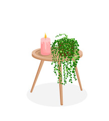 Coffee table with candle and plant. Vector illustration of house elements. Cartoon style