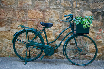 Fototapeta na wymiar Decorative retro vintage model of Bike with plants