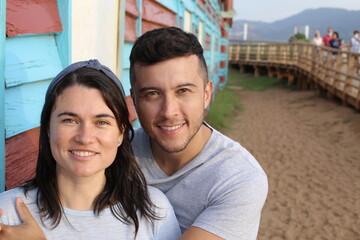 Beautiful interracial couple smiling outdoors
