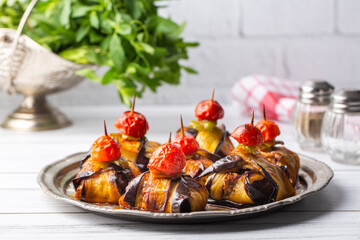 Traditional delicious Turkish food; Kofte kebab wrapped in eggplant (Turkish name; Islim - islim kebabi or kurdan kebabi)