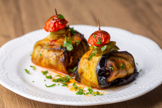 Traditional delicious Turkish food; Kofte kebab wrapped in eggplant (Turkish name; Islim - islim kebabi or kurdan kebabi)