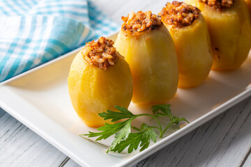 Traditional delicious Turkish food; stuffed potatoes (Turkish name; Patates dolmasi)