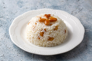 Traditional delicious Turkish food; Almond rice pilaf (Turkish name; Bademli pirinc pilavi)