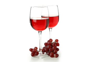 Glasses of red wine and grape isolated on white background