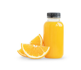 The bottle of orange juice and slices of orange isolated on white background	
