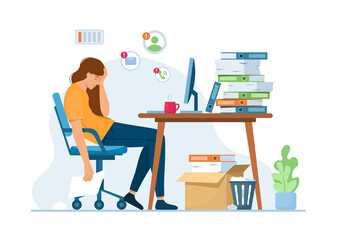Professional burnout.Stress at work.Mental health problem.Tired, sad, unhappy woman at workplace with paper document piles.Deadline concept vector illustration.Overworked businesswoman.Office Routine