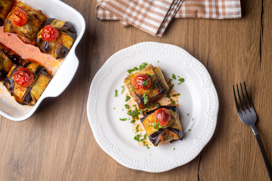 Traditional delicious Turkish food; Kofte kebab wrapped in eggplant (Turkish name; Islim - islim kebabi or kurdan kebabi)