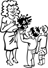 Children are handing flowers to their teacher. Students at school celebrate Teachers' Day
