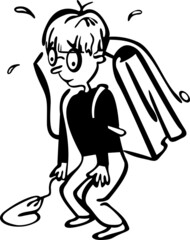 The boy is carrying a very heavy schoolbag on his back. He is tired and sweaty
