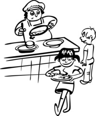 The cook serves lunch to the children in the school canteen. Students come and pick up the food
