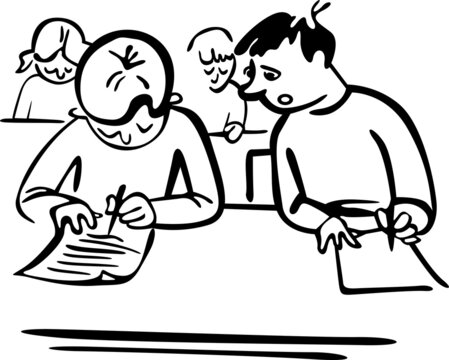 There is a test in the classroom. Students sit at their desks and write. One boy cheats from the other
