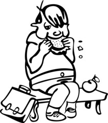 A student is sitting on a bench in the school corridor. A satchel is lying next to it, and he eats a sandwich. He is hungry and obese
