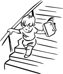 The child runs up the stairs during the break. The student is in a hurry and is holding a schoolbag in his hand
