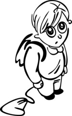 The boy is going to school. He has a sad look. on his back he carries a satchel and a bag for shoes
