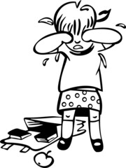 At school, a girl cries in the corridor. On the ground, there is a satchel with books spilled out
