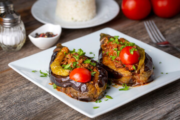 Traditional delicious Turkish food; Meat and Eggplant dish, (Turkish name; Karniyarik)