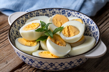 Boiled sliced egg, food photo