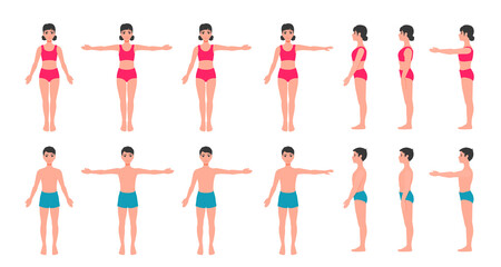 Children's body anatomy. A child girl, a boy. Kids full-length figure. A front view, a side view. A vector cartoon illustration.