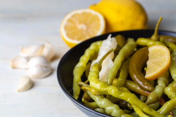 Assorted pickled vegetables in bowl - plate, Turkish name; tursu.