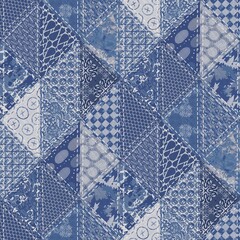 Denim western blue patchwork triangle woven texture. Indigo vintage wash printed cotton textile effect. Patched jean home decor background. Boho bandana quilt stitch allover fabric print material. - obrazy, fototapety, plakaty
