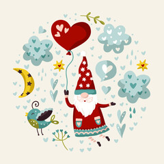 Vector cute colorful illustration of garden gnome with heart and cloud. Cartoon elf kid illustration for print. Fantasy round ornate drawing with balloon, cloud and bird.