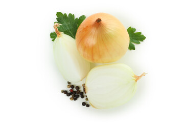 Onion, garlic and pepper isolated on white background