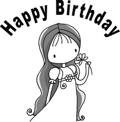 vector cartoon girl with happy birthday text