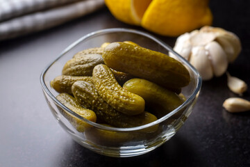 Plate of gherkins, pickled cucumbers