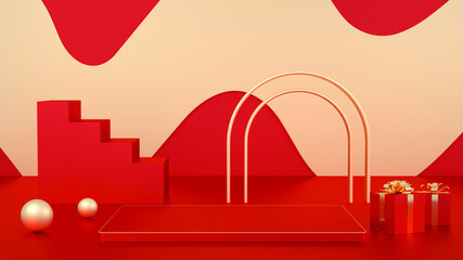 3D rendered red creative product display booth scene background