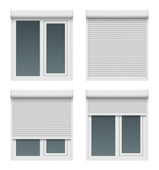 Window roller doors. Metal realistic white house shapes for windows close up plastic gate shutter frames decent vector rollers set