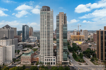 Milwaukee, WI USA - September 07 , 2021: Aerial view of the University Club Condos and Kilbourn Tower Condos
