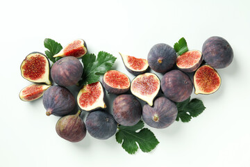 Fig with leaves on white background, top view