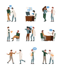 Fototapeta na wymiar Medic dialogue. Patients talking with people doctor consulting garish vector flat illustrations set
