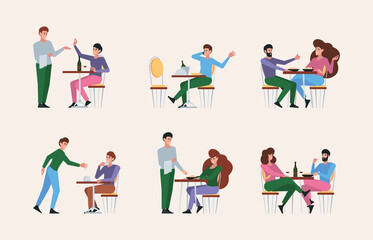 Obraz na płótnie Canvas Restaurant meeting. People have a rest in club eating and drinking liquids beverage foods water and alcohol garish vector cartoon background