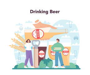 Beer concept. Glass bottle and vintage mug with craft alcohol drink