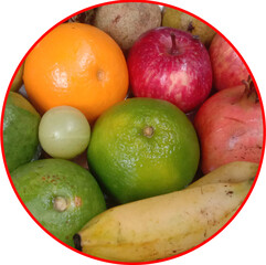 Healthy fruits apple, banana, sweet lime, orange, pomegranate and Gooseberry it is circle type