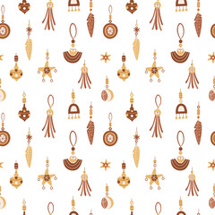 Vector seamless pattern with  boho Christmas baubles on white. Great for fabrics, wrapping papers, covers. Hand drawn flat illustration in earth tones.