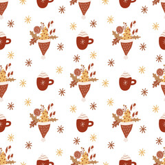 Vector Christmas seamless pattern with cute cups of coffee, Santa's hats with sweets and snowflakes on white. Great for fabrics, wrapping papers, covers. Hand drawn flat illustration in earth tones.