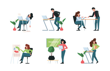 Business characters. Office managers sitting talking business dialogues collaboration persons conferences and brainstorming speaking activity people garish vector flat concept