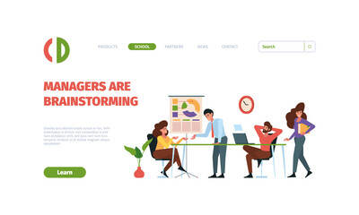 Business landing. Managers brainstorming dialogue active characters people dialogue business collaboration garish vector web page with place for text