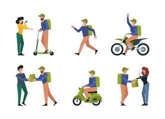 Plakat Food delivery. Logistic service for urban delivery food on bike ship different transport garish vector illustrations in flat style isolated