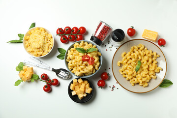 Concept of tasty eating with macaroni with cheese on white background
