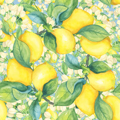 Yellow lemons and beige flowers on a blue background.