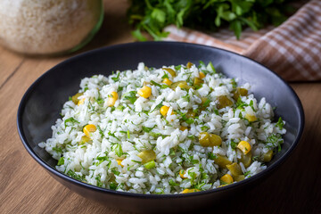 Rice with vegetables, rice salad (Turkish name; Cin pilavi salatasi)