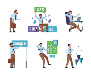 Financial crises. Investment money recession economy risk problem bankruptcy broke company garish vector business scenes in flat style