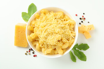 Plate with macaroni and cheese on white background