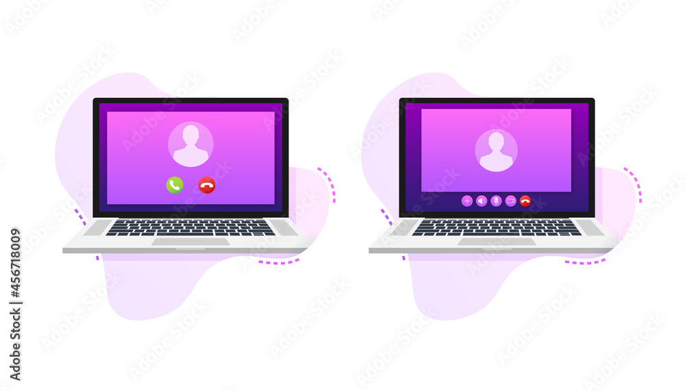 Poster Incoming video call on laptop. Laptop with incoming call, man profile picture and accept decline buttons. Vector stock illustration.